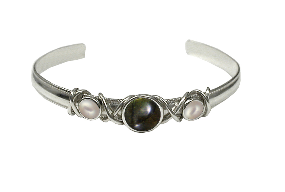 Sterling Silver Hand Made Cuff Bracelet With Spectrolite And Cultured Freshwater Pearl